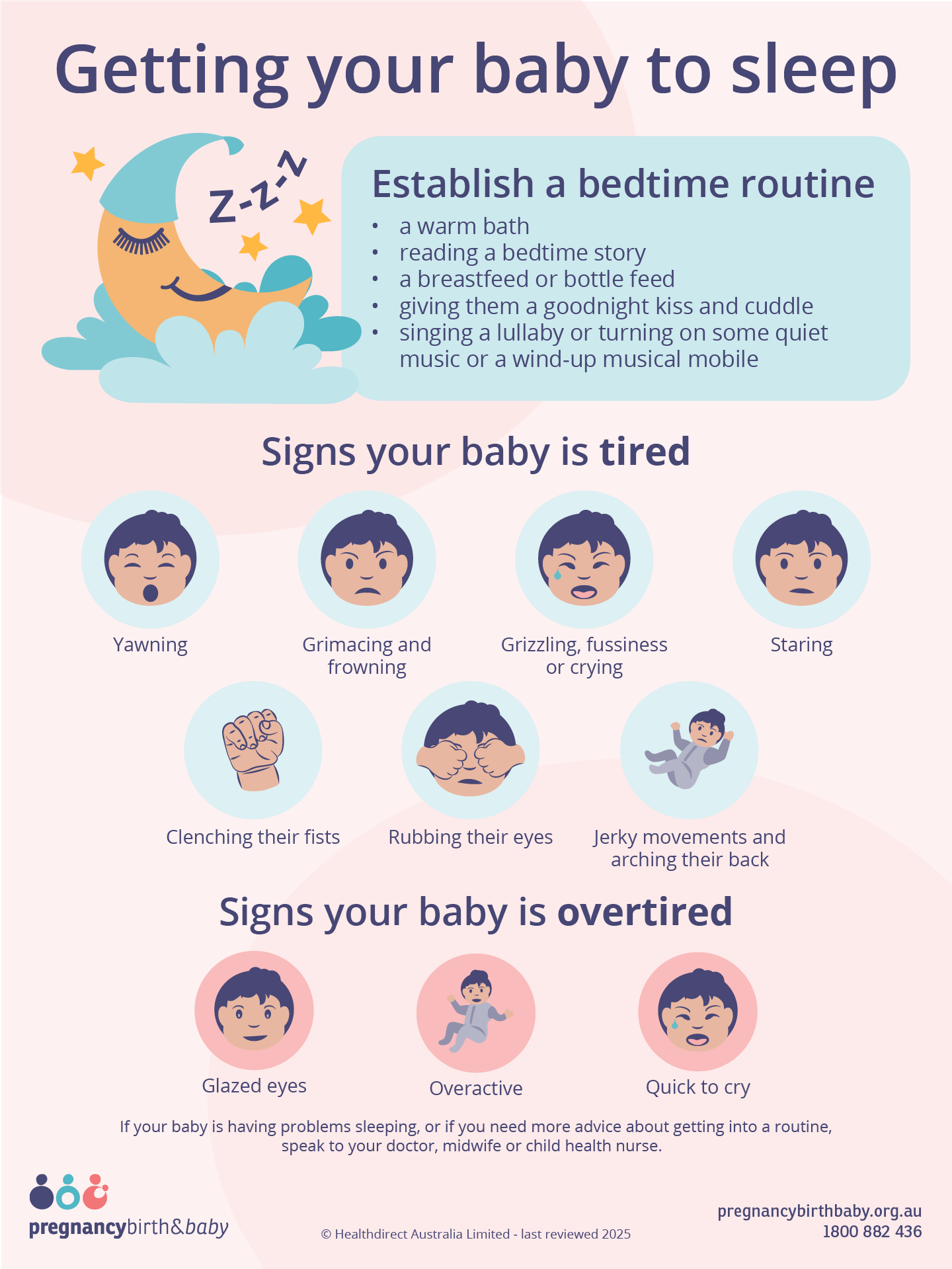 Infographic guide on establishing a bedtime routine and signs that your baby is tired or overtired.