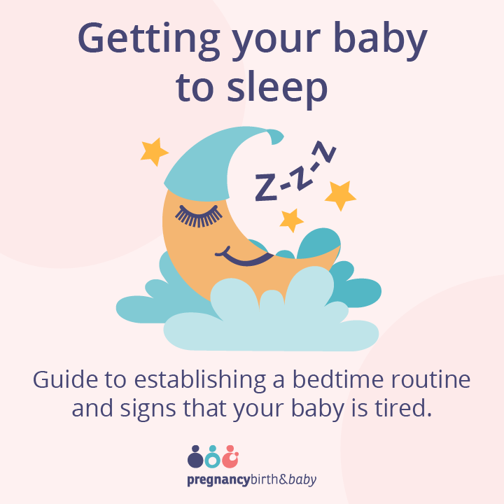 A small tile image for an infographic which covers establishing a bedtime routine and signs that your baby is tired or overtired.